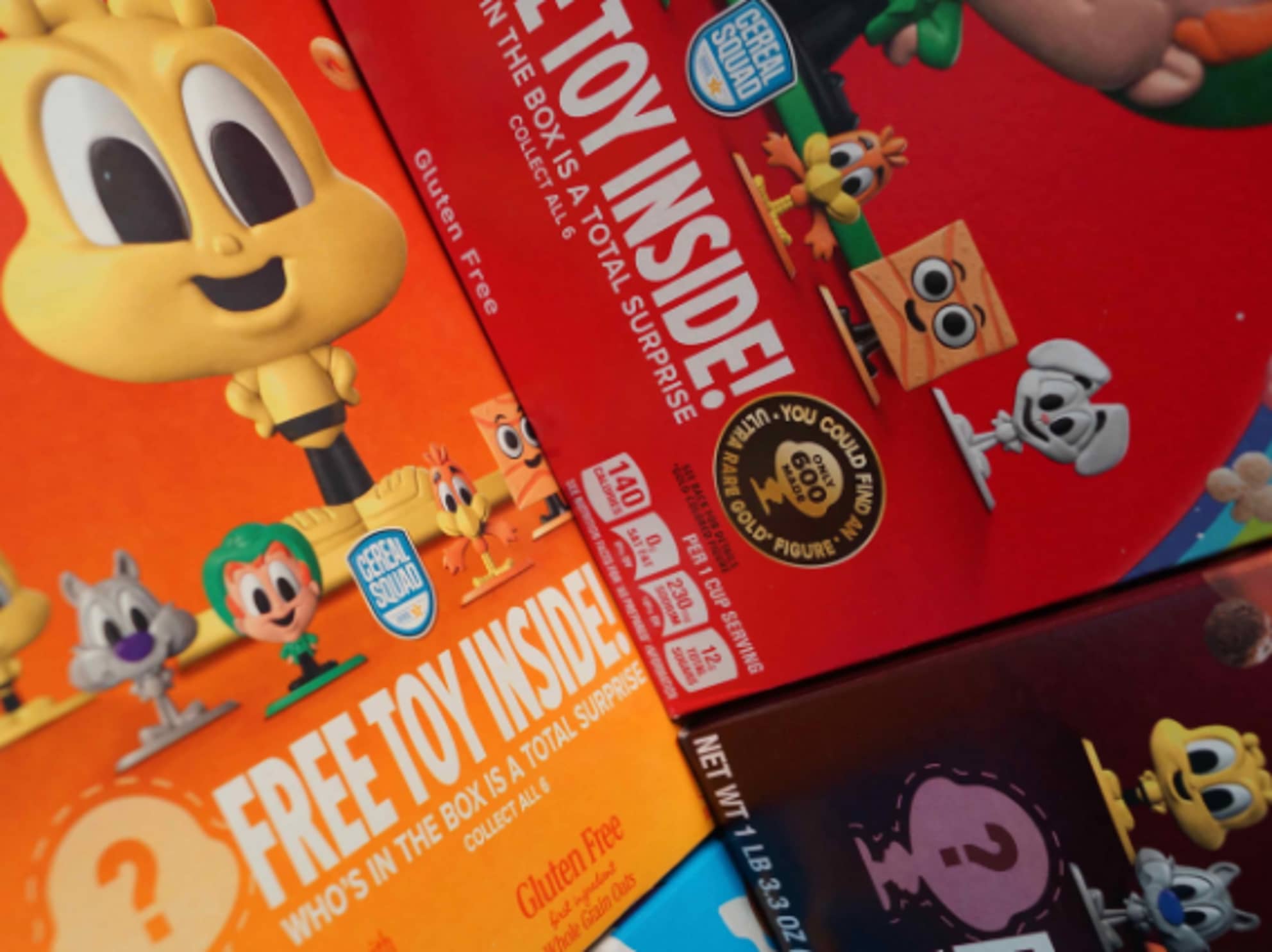 Close up of the Cereal Squad boxes